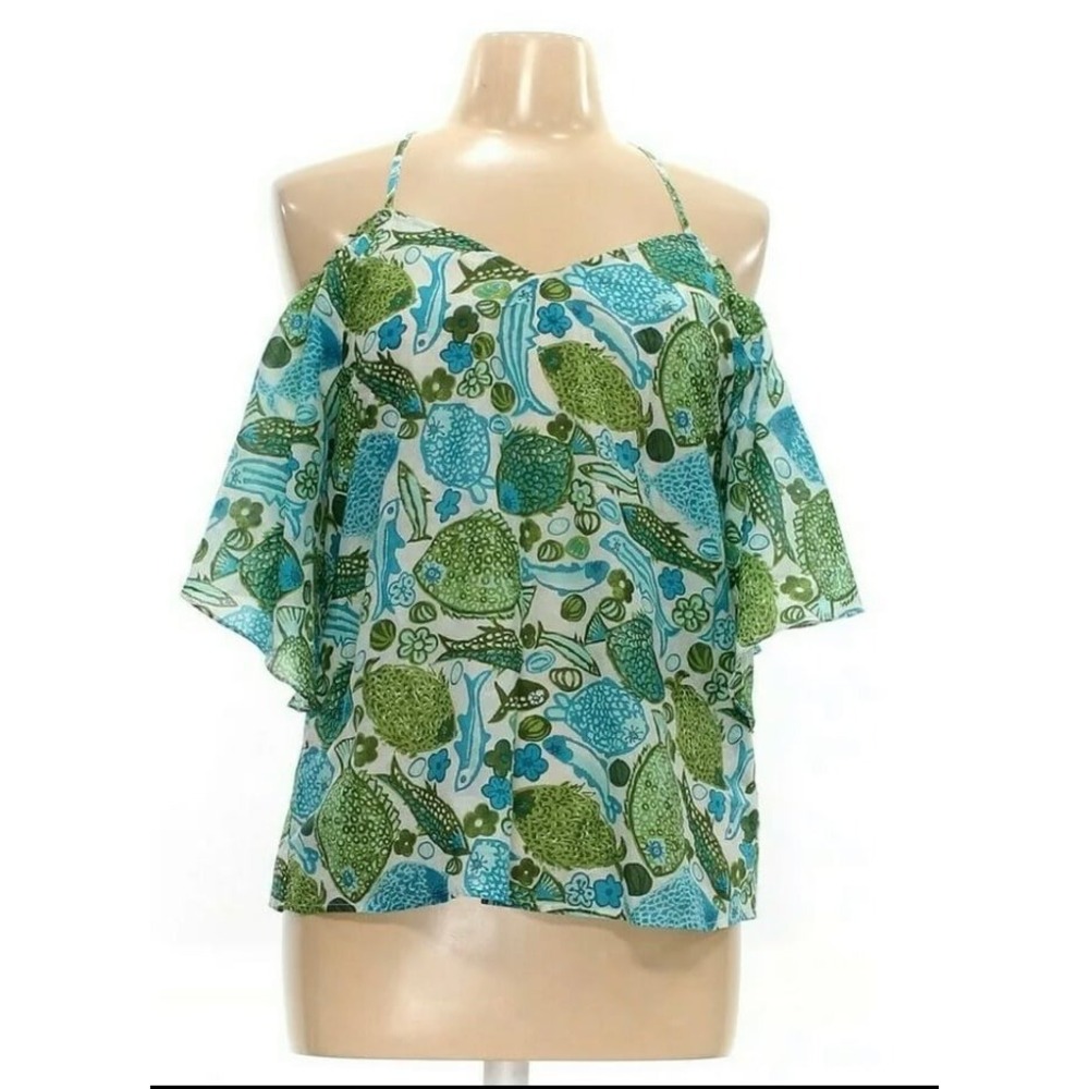 Anthropologie Vanessa Virginia Silk Flutter Off-Shoulder Fish Blouse Top Sz 8